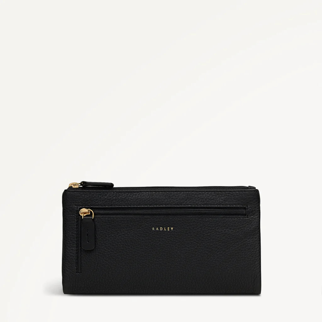 Black wallet with gold zipper on a light gray background