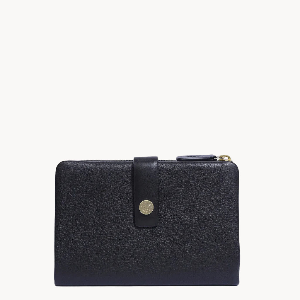 Black leather wallet with a gold clasp on a white background