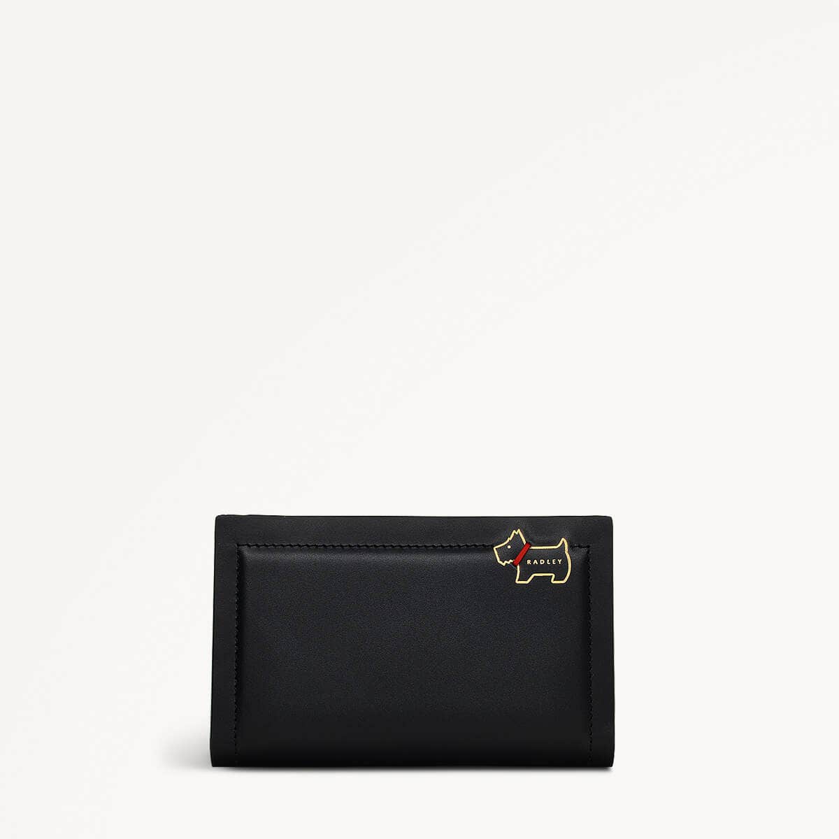 Black wallet with a small dog emblem on a white background