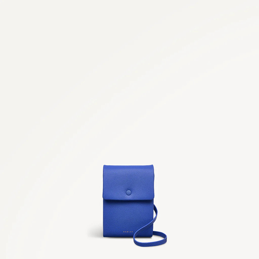 Blue leather pouch with a strap on a white background