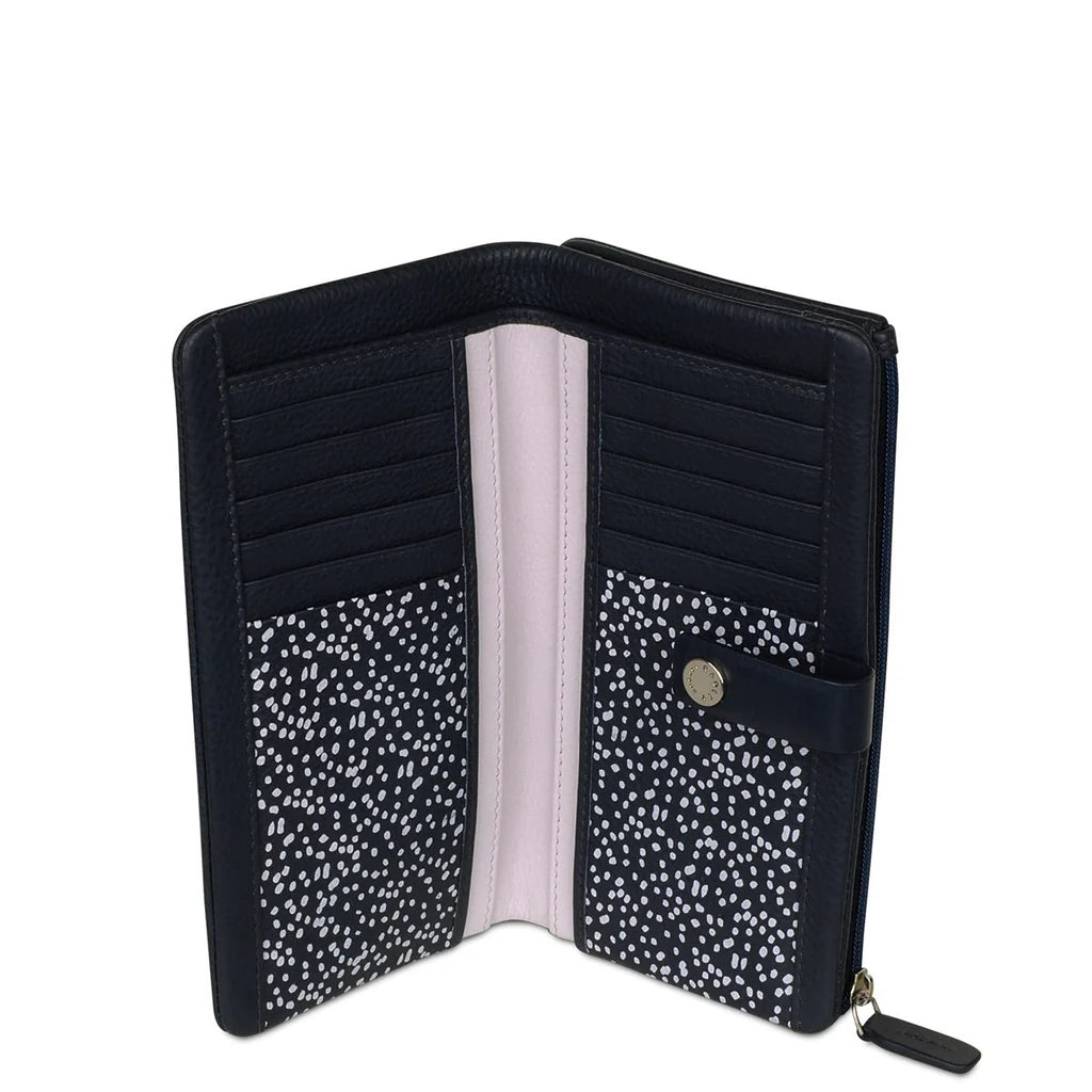 Navy leather wallet with a gold emblem on a white background