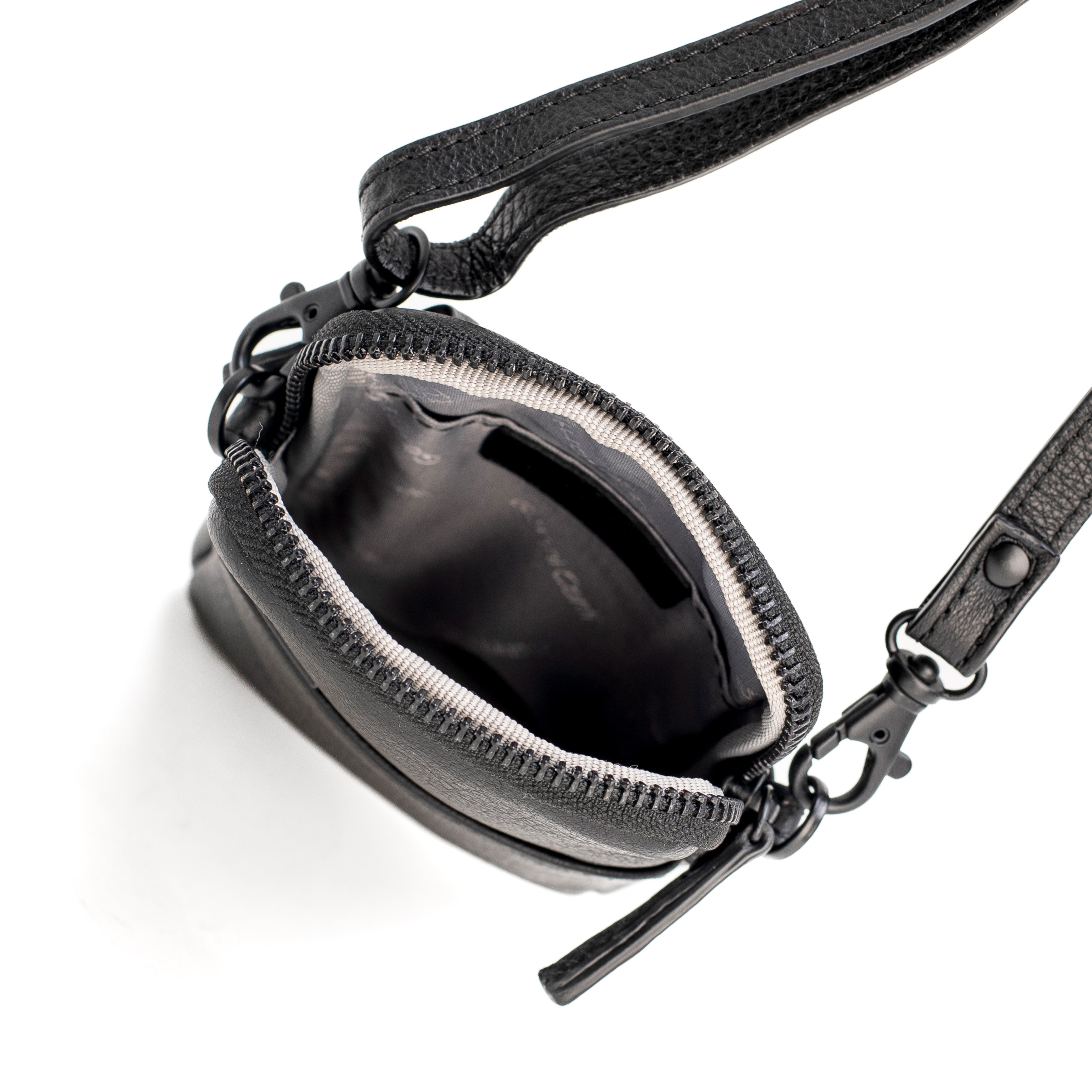 Black leather phone crossbody bag with detachable strap.