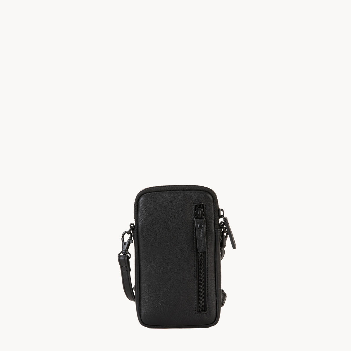 Black leather phone crossbody bag with detachable strap.