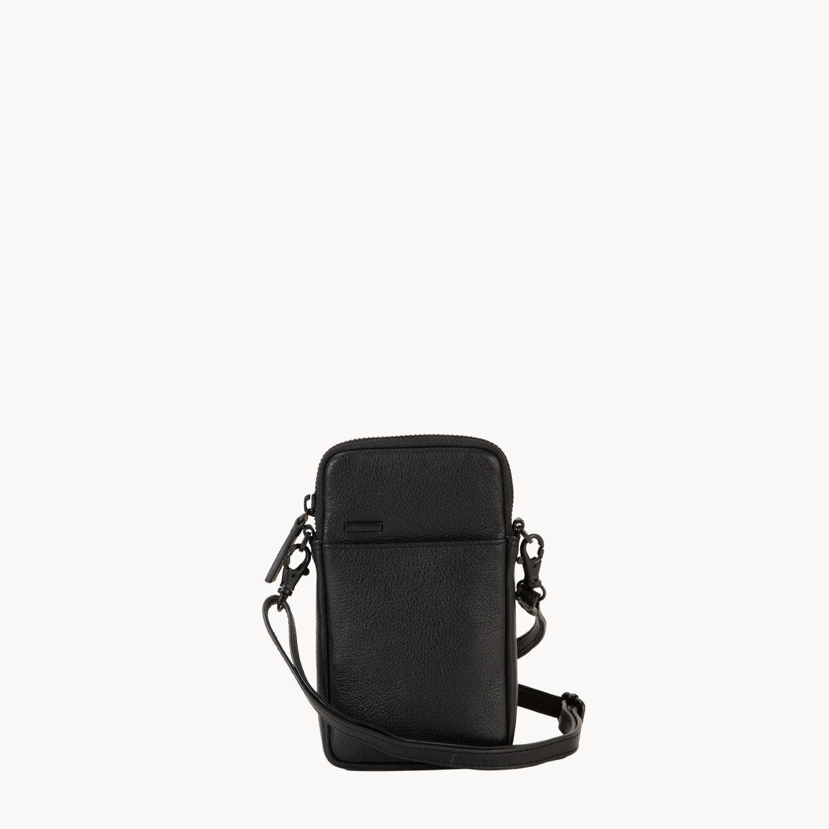 Black leather phone crossbody bag with detachable strap.