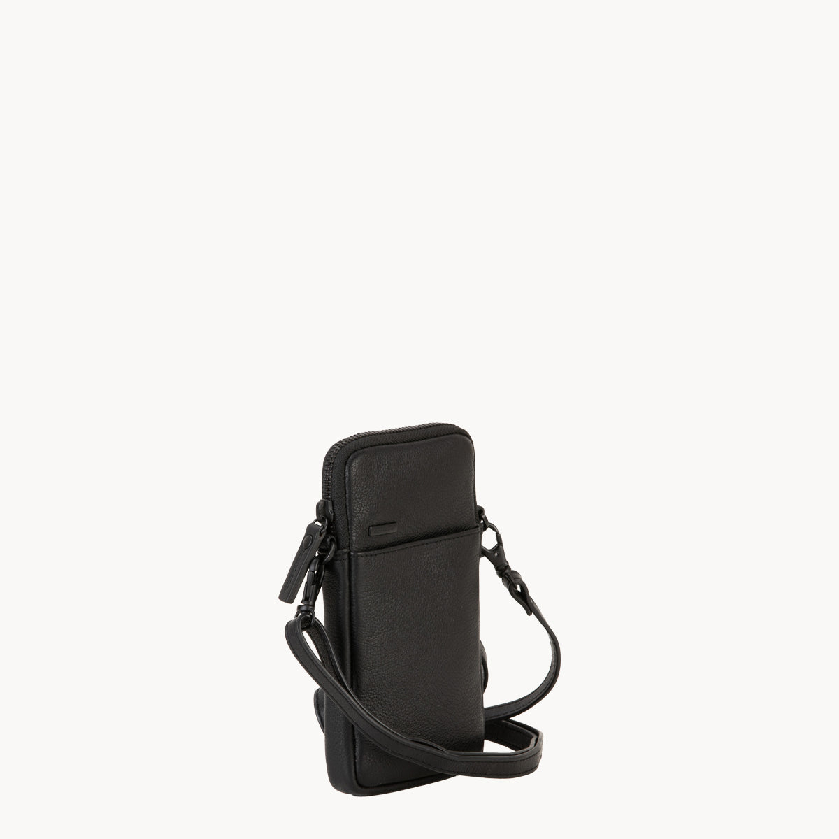 Black leather phone crossbody bag with detachable strap.