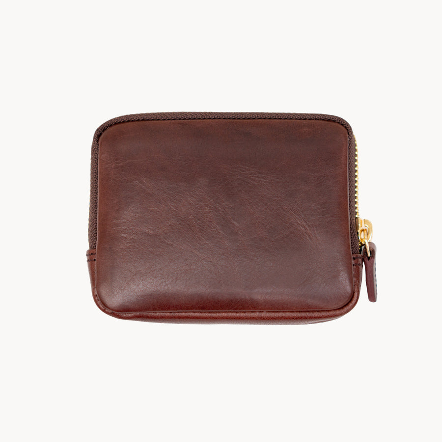Brown leather purse with a gold zipper on a white background
