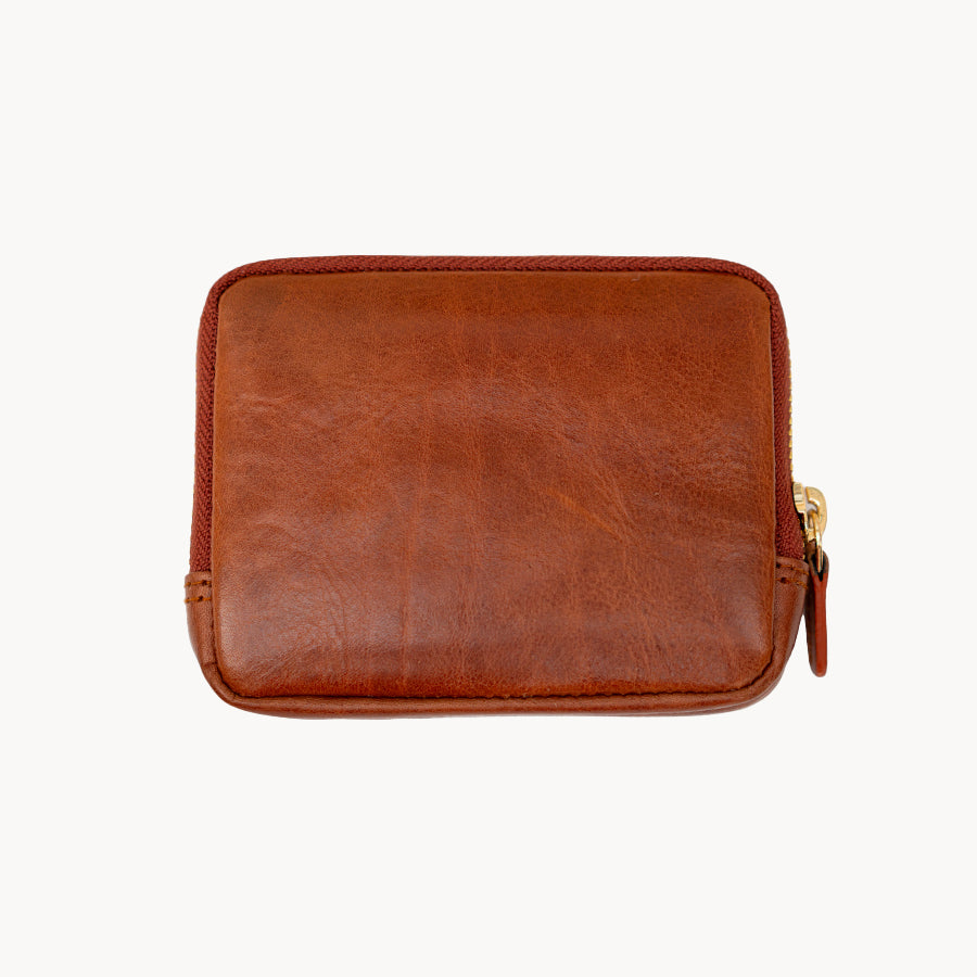 Brown leather purse with a gold zipper on a white background