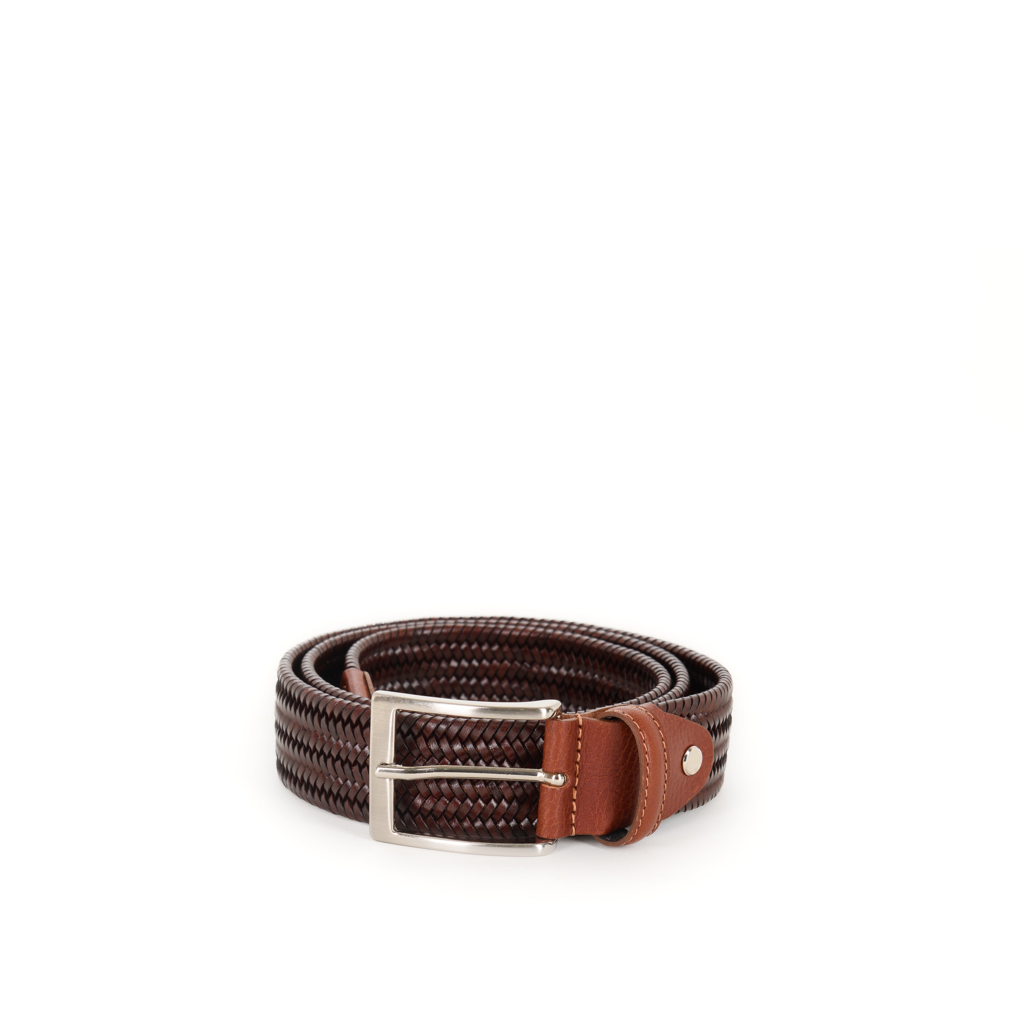 Brown woven belt with a silver buckle on a white background