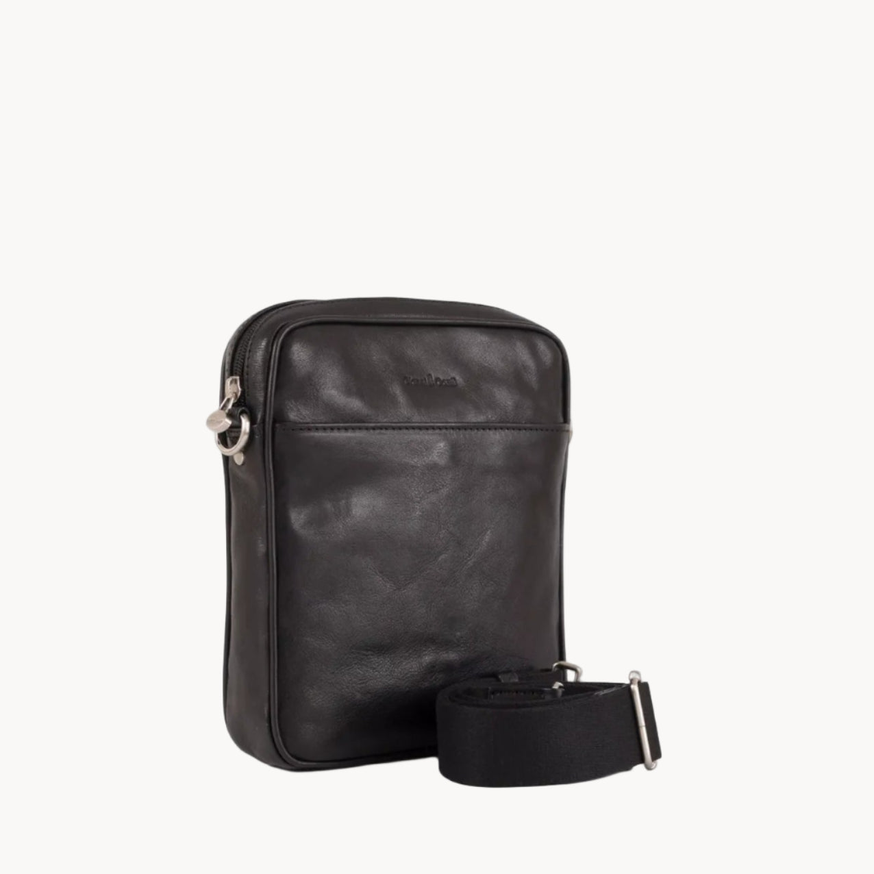 Black leather crossbody bag on a white background
