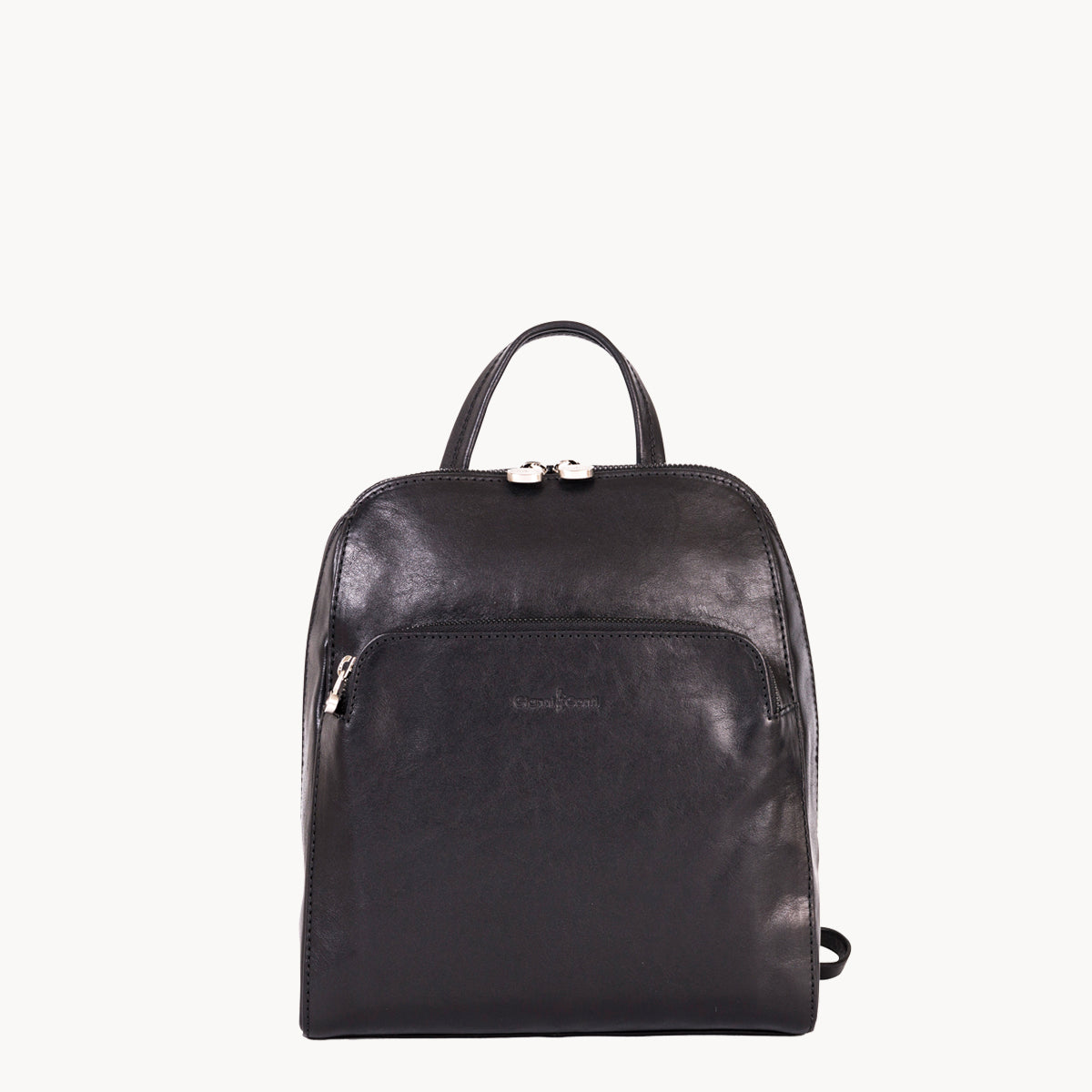 Black leather backpack on a white background