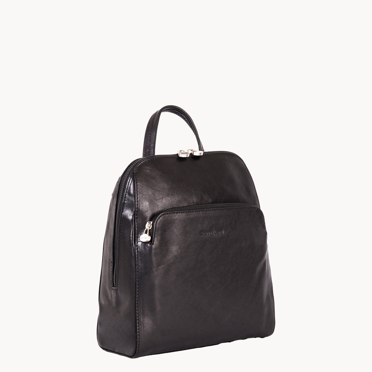 Black leather backpack on a white background