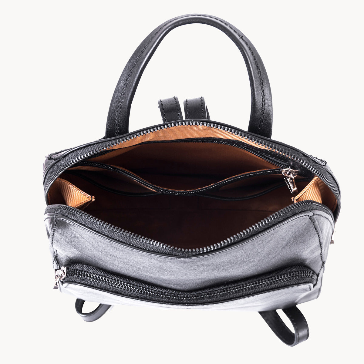 Black handbag with open front zipper on a white background