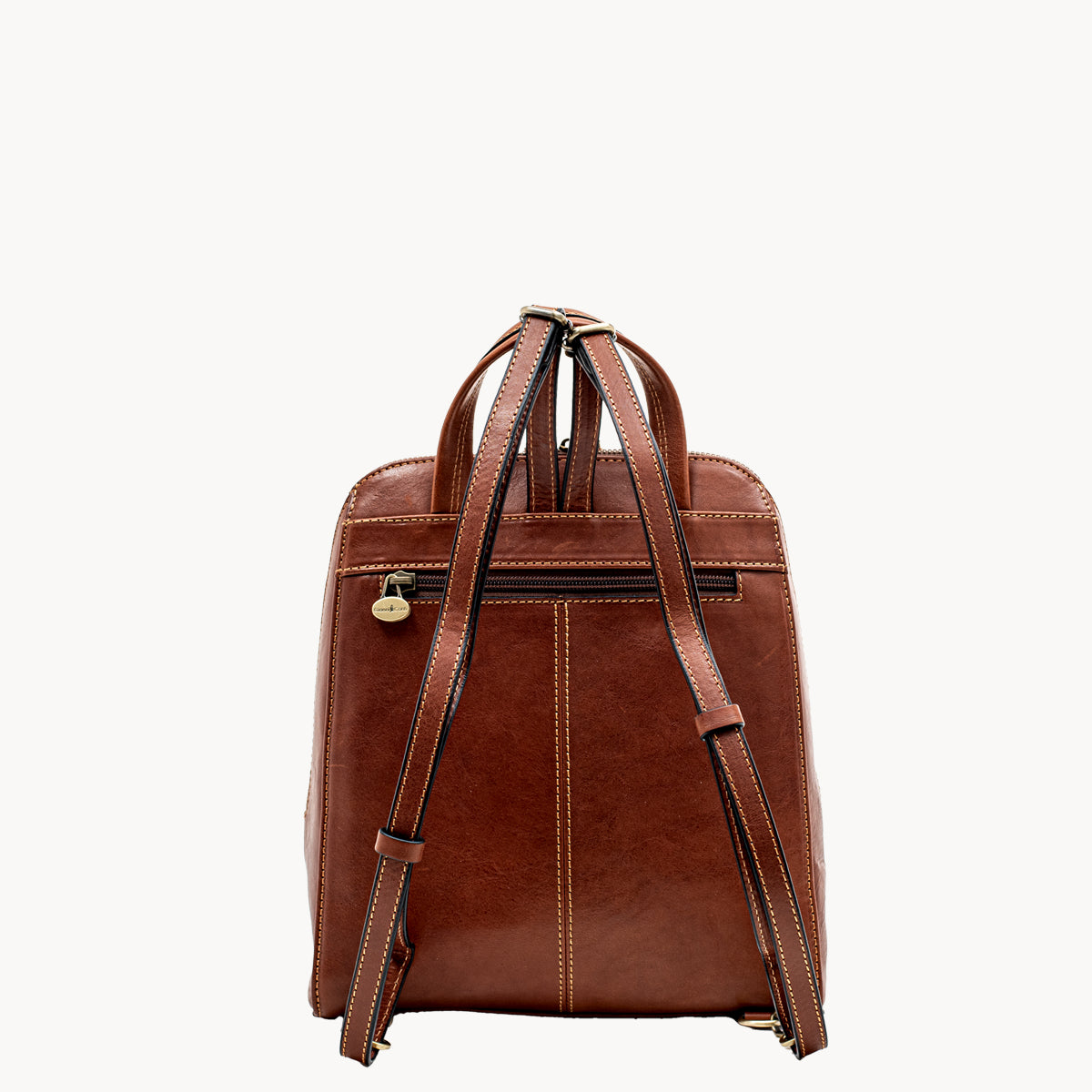 Tan leather backpack on a white background Back view