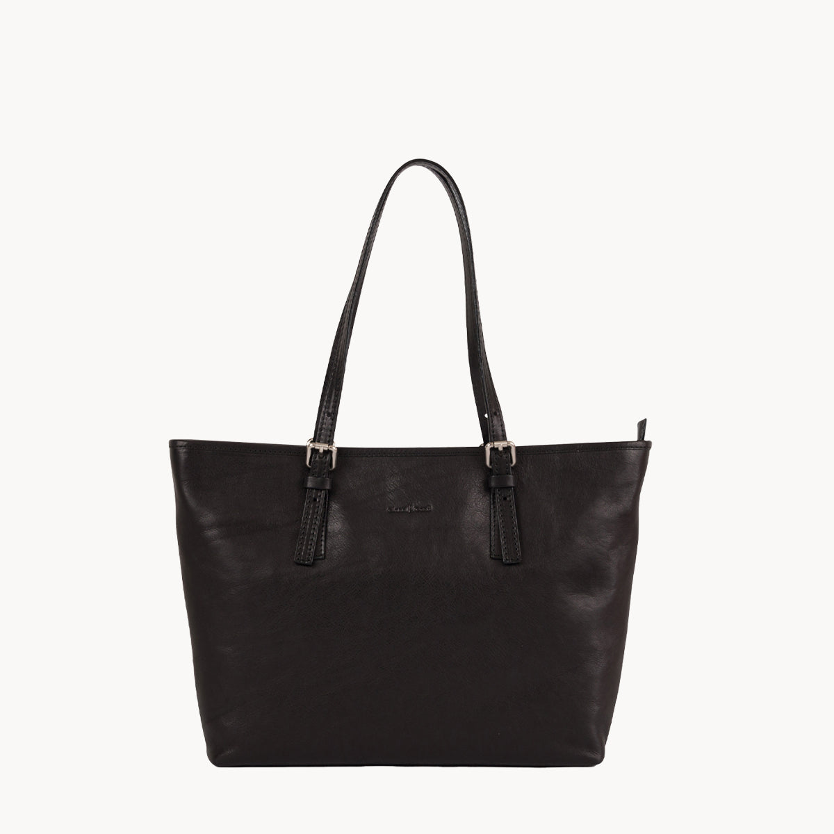 Black leather tote bag on a white background