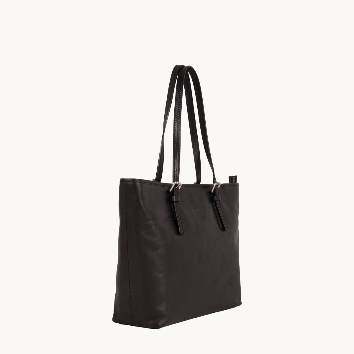 Black tote bag with shoulder straps on a white background