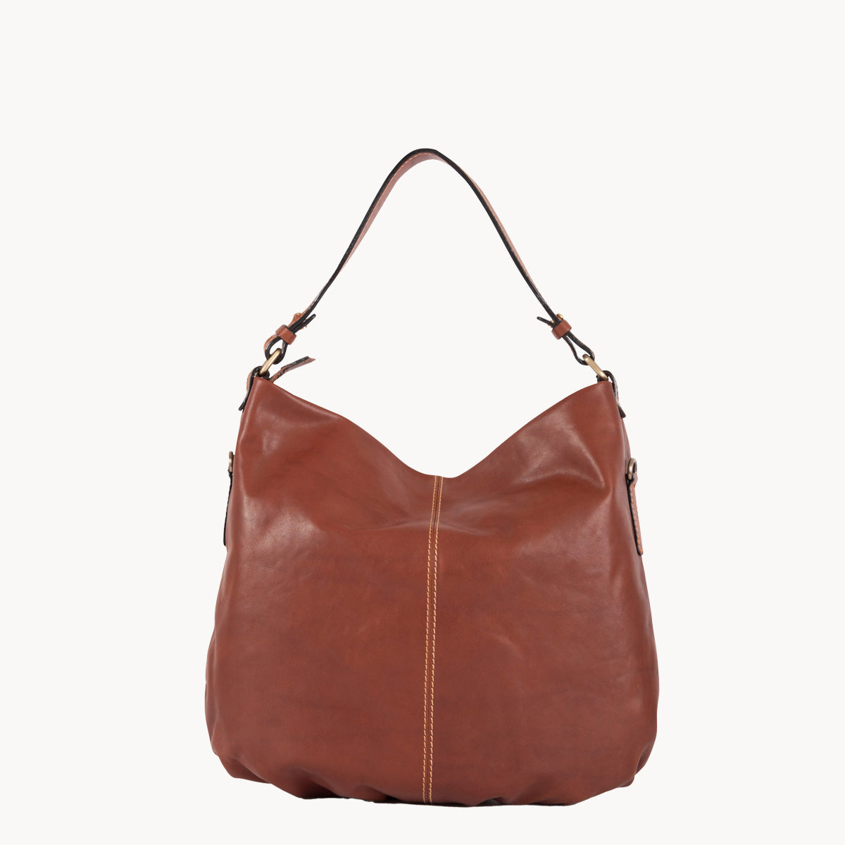Brown leather handbag on a white background