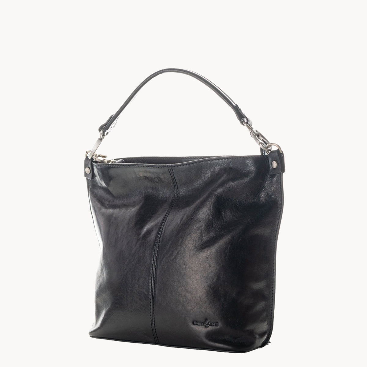 Black leather handbag on a white background