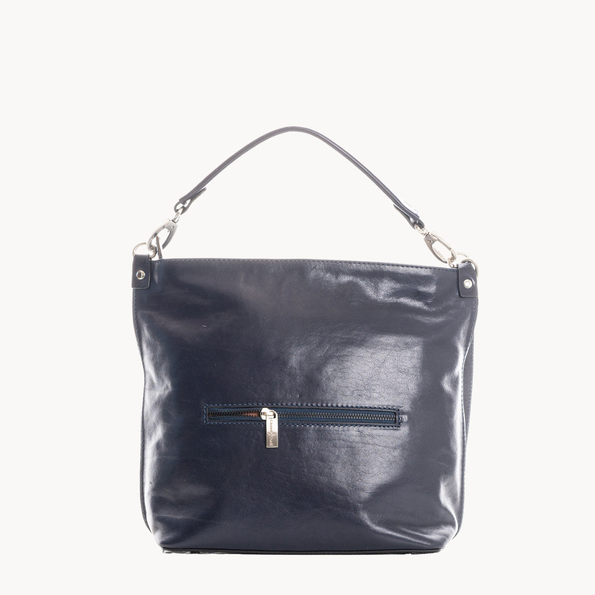 Blue handbag with a visible zipper on a white background