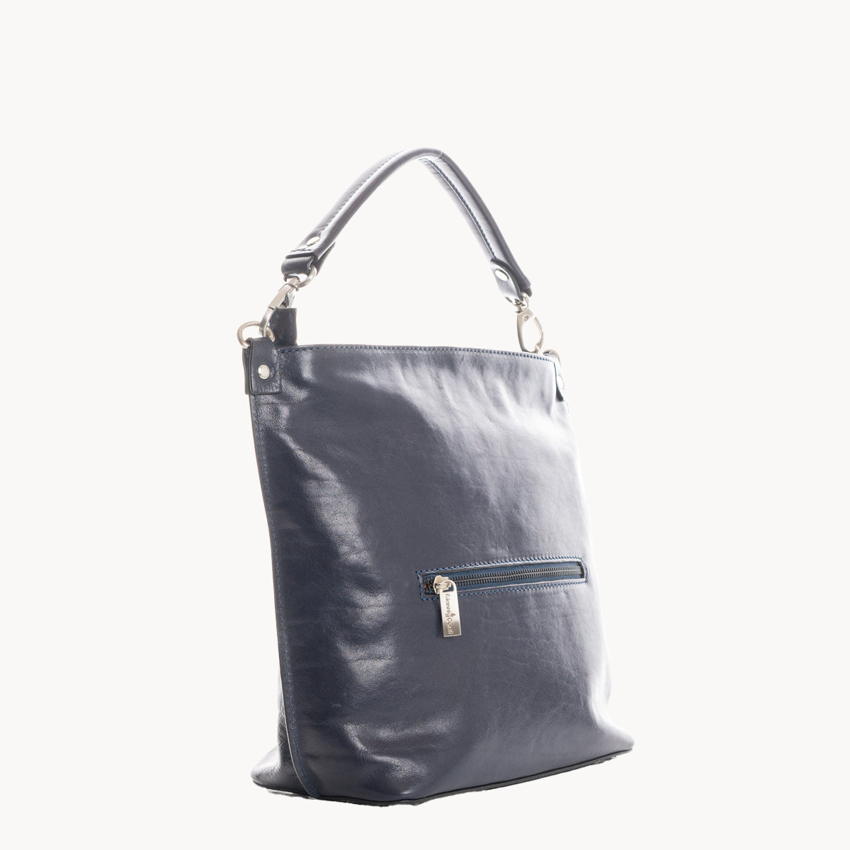 Blue handbag with a zipper on a white background