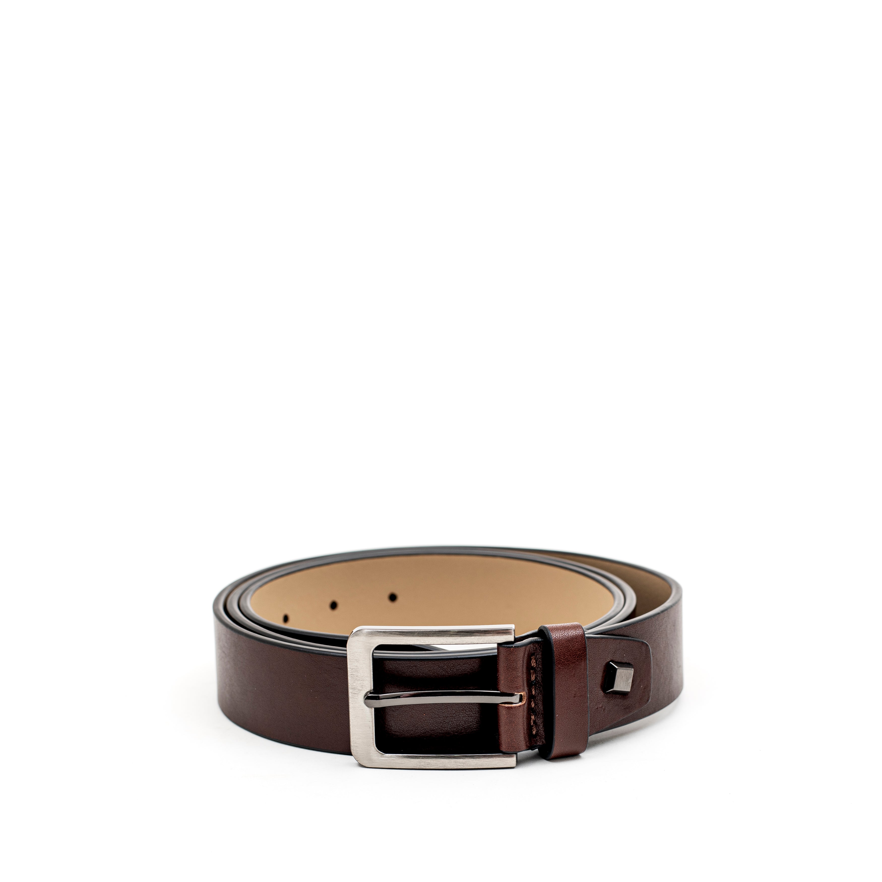 Brown leather belt with silver buckle on a white background