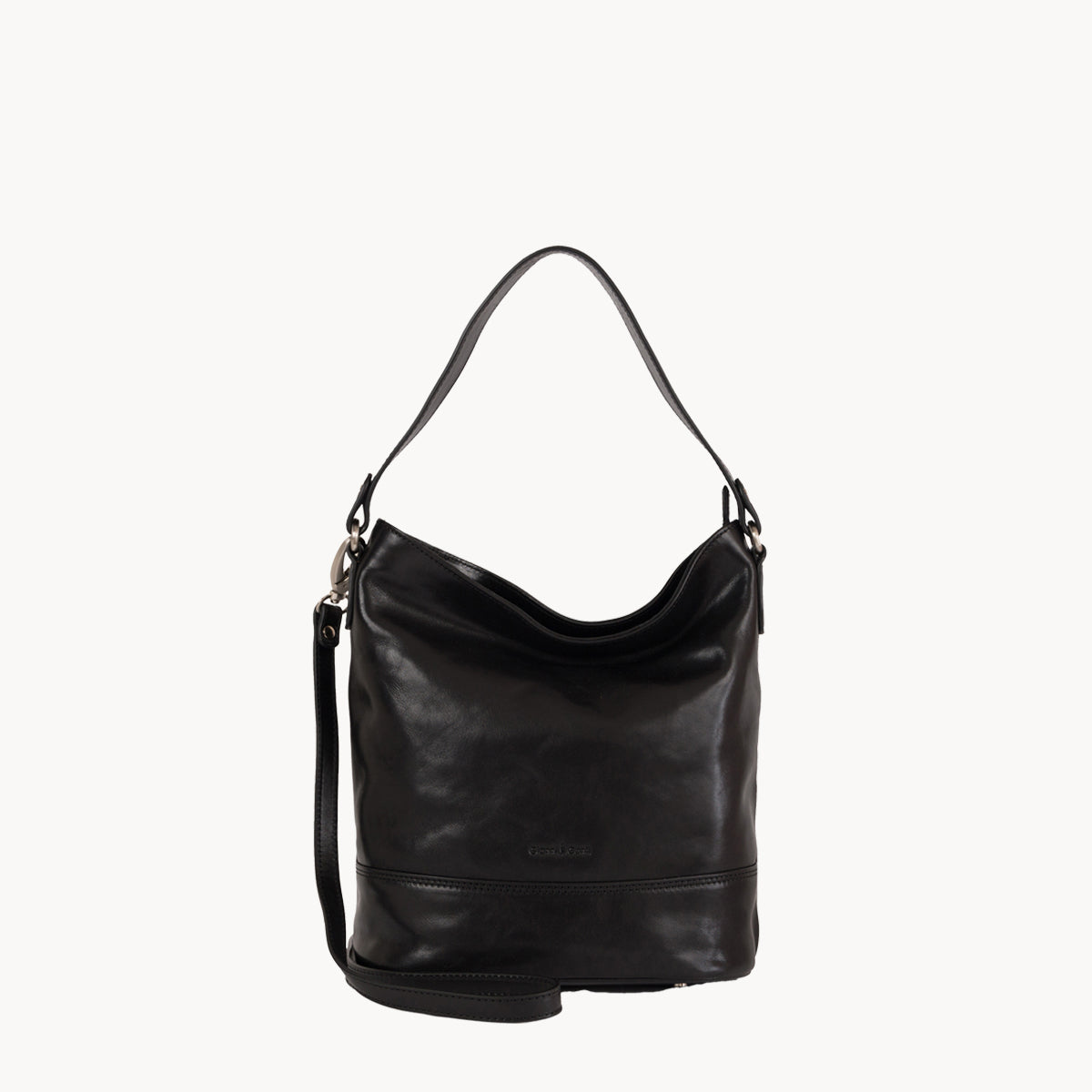 Black leather handbag on a white background
