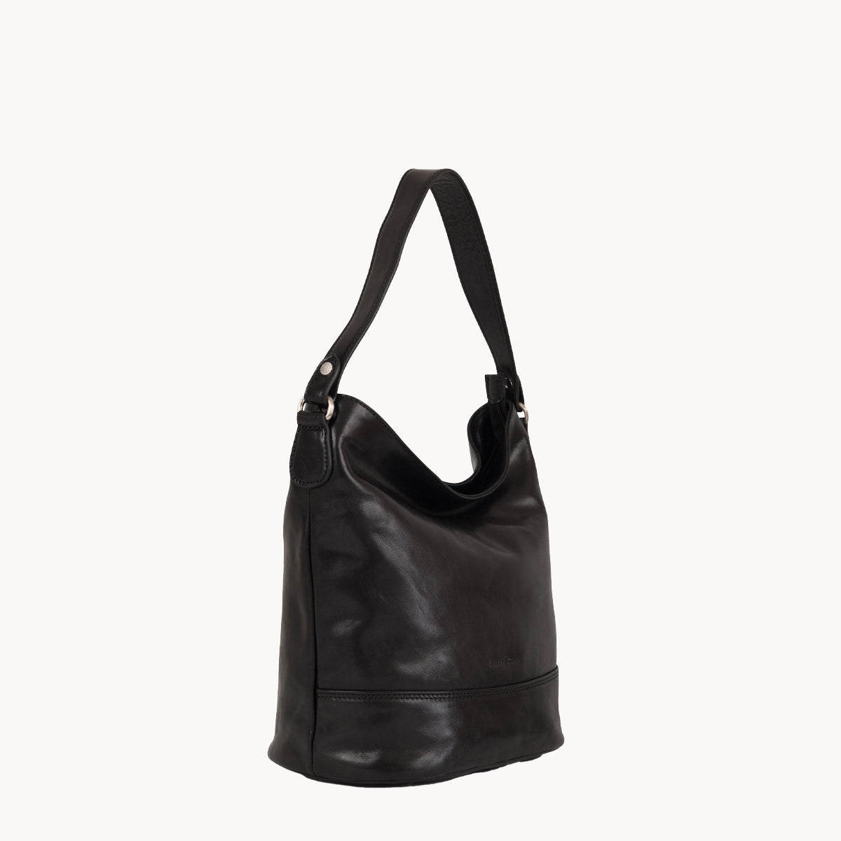 Black leather handbag on a white background