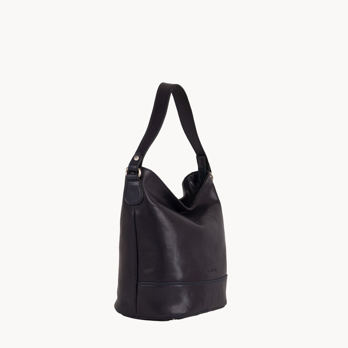 Blue leather handbag on a white background