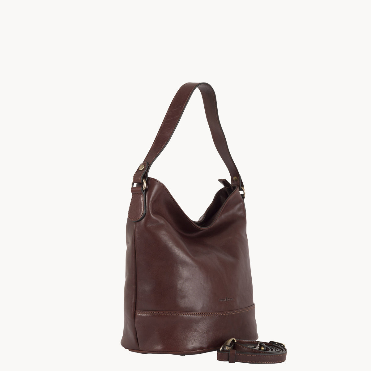 Brown leather handbag on a white background