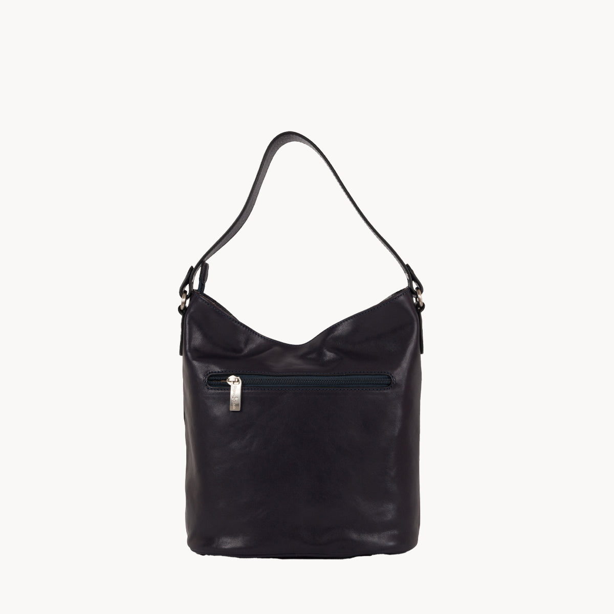 Blue leather handbag with a visible zipper on a white background