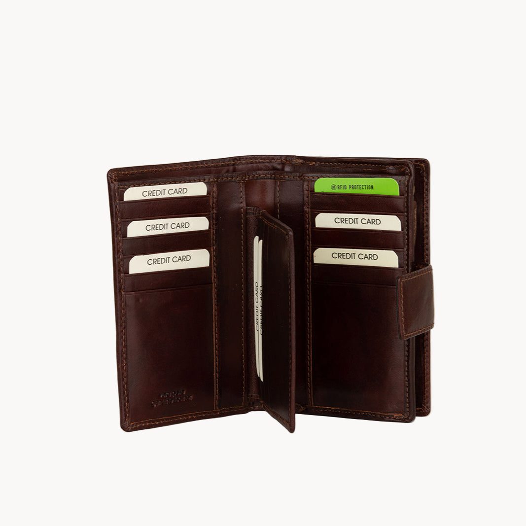 Brown leather wallet with card slots on a white background