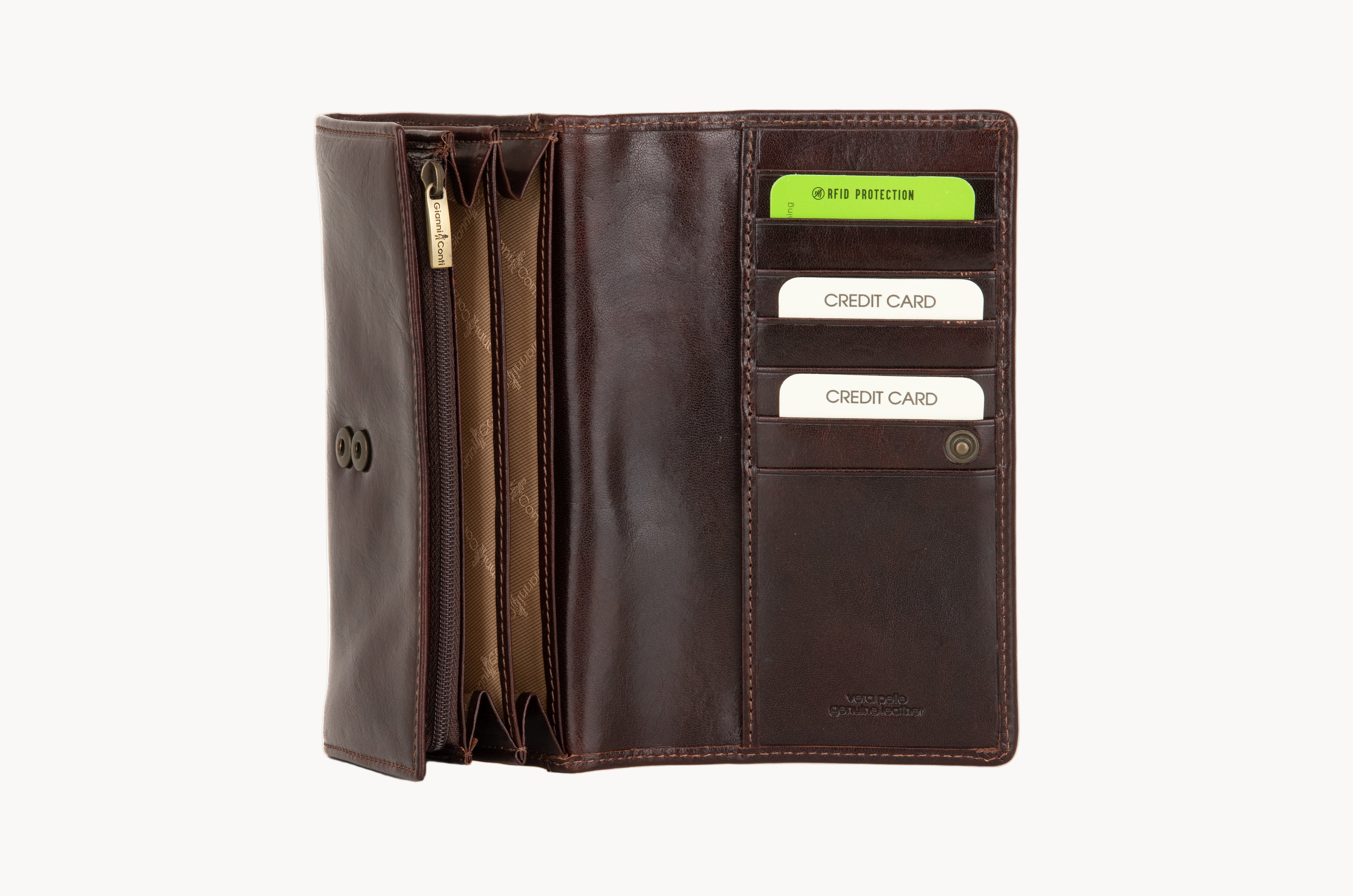 Brown leather wallet with card slots on a white background