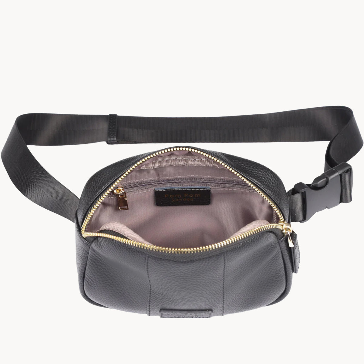 Black waist bag with a black strap on a white background