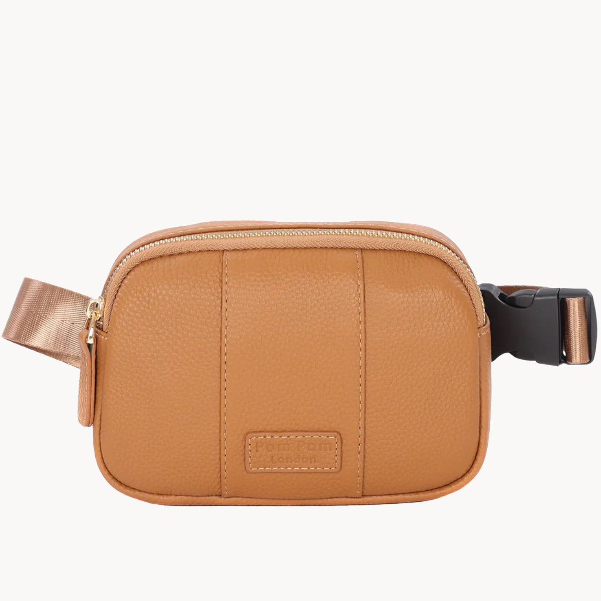 Tan leather waist bag with a visible brand label on a white background