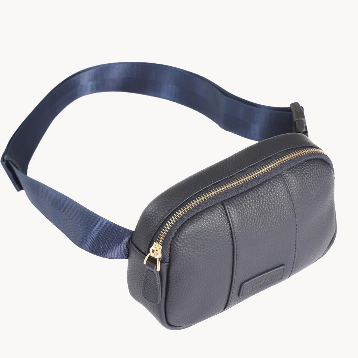 Navy waist bag with a blue strap on a white background