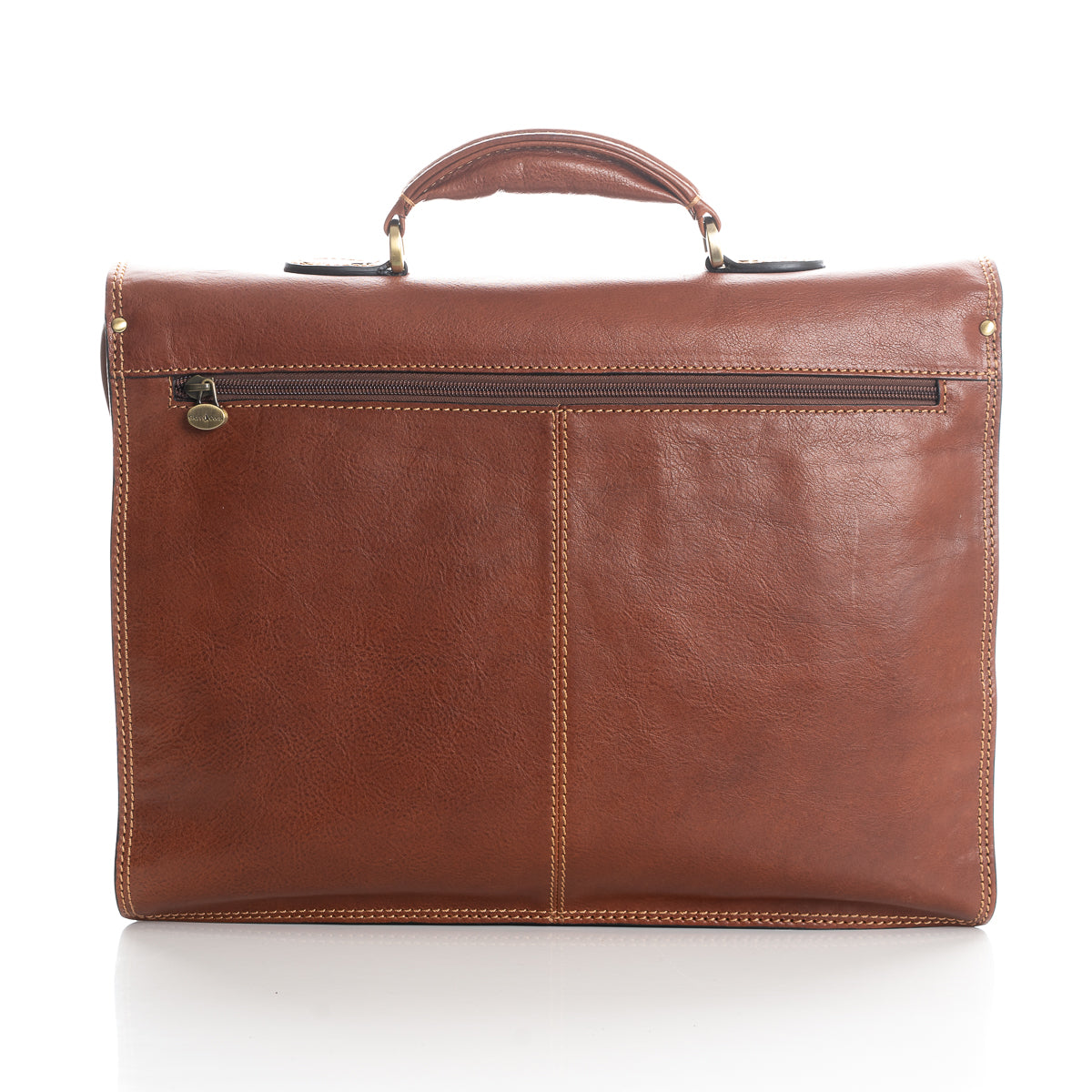 Tan leather briefcase with exterior zip compartment on white background