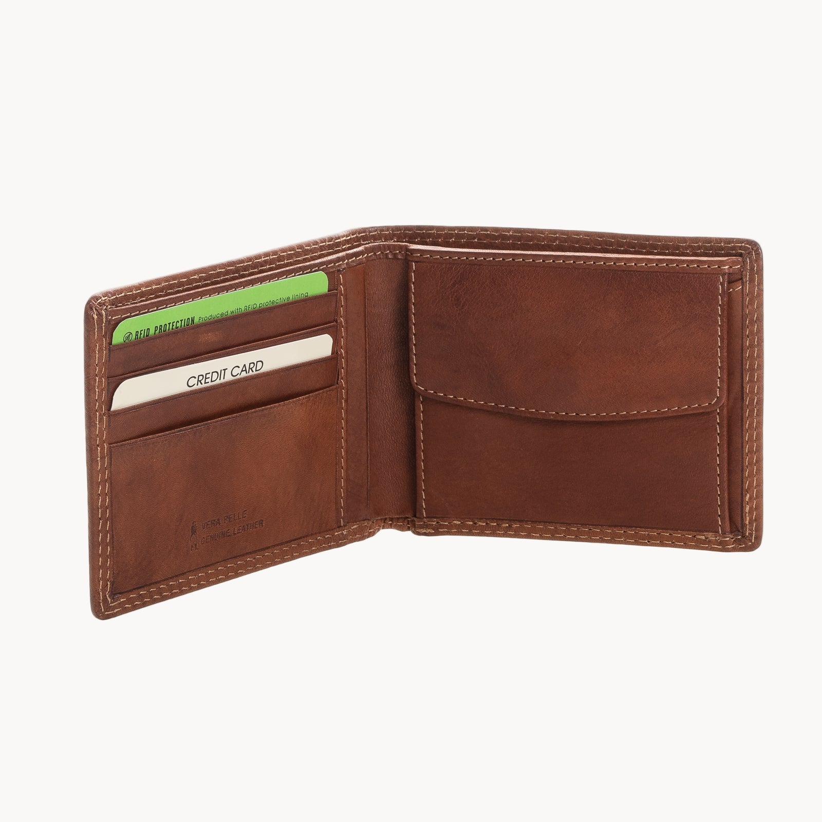 Tan leather wallet with card slots on a white background