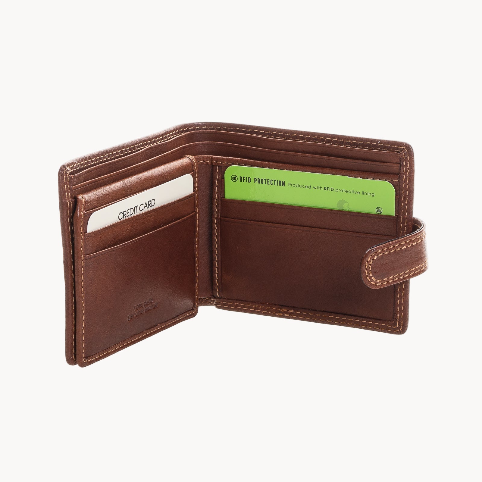Brown leather wallet with card slots on a white background