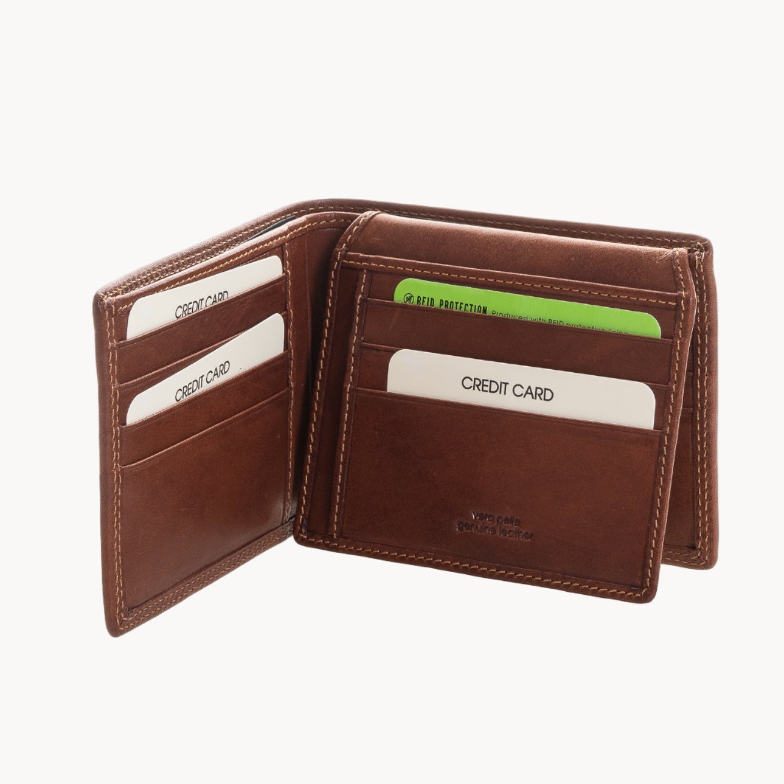 Tan leather wallet with cards on a white background