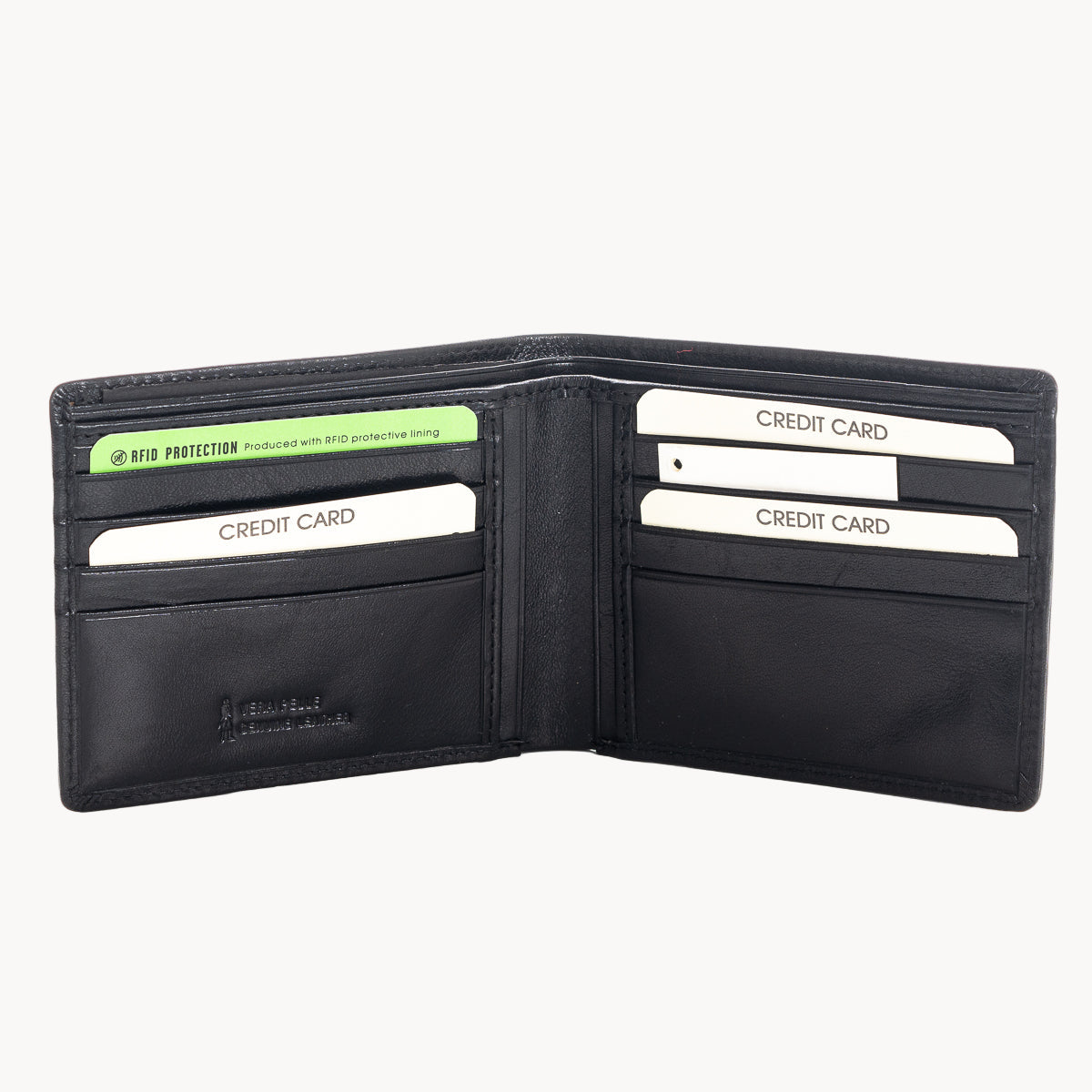 Black leather wallet with card slots on a white background