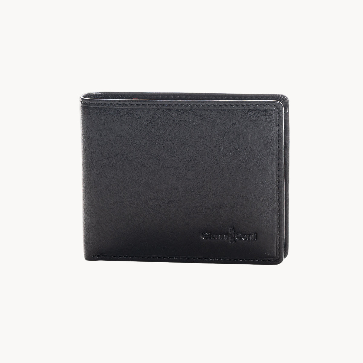 Black leather wallet with brand logo on a white background