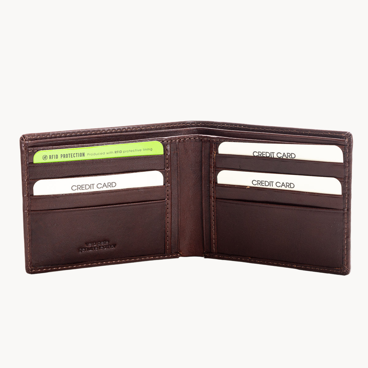 Brown leather wallet with card slots on a white background