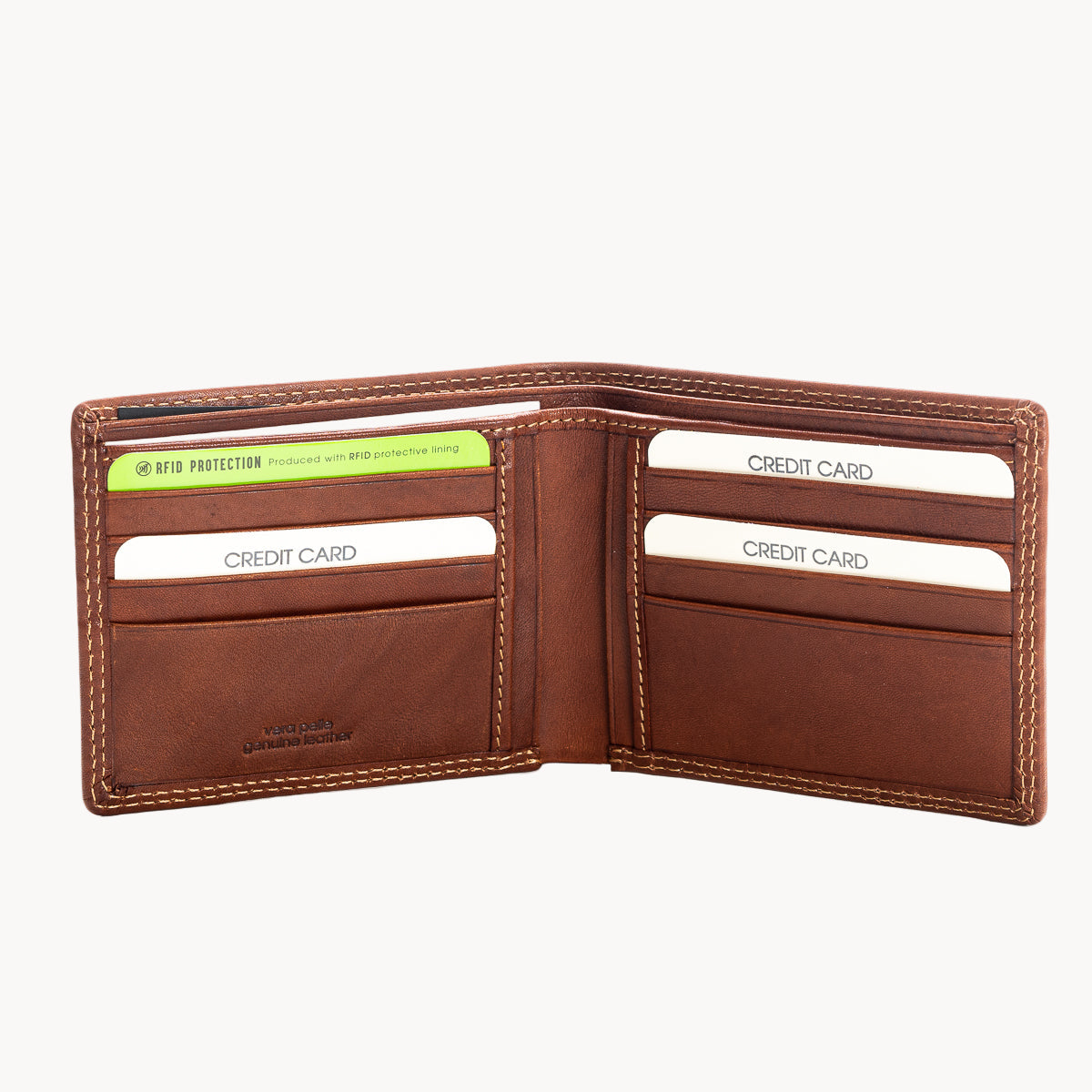 Tan leather wallet with card slots on a white background