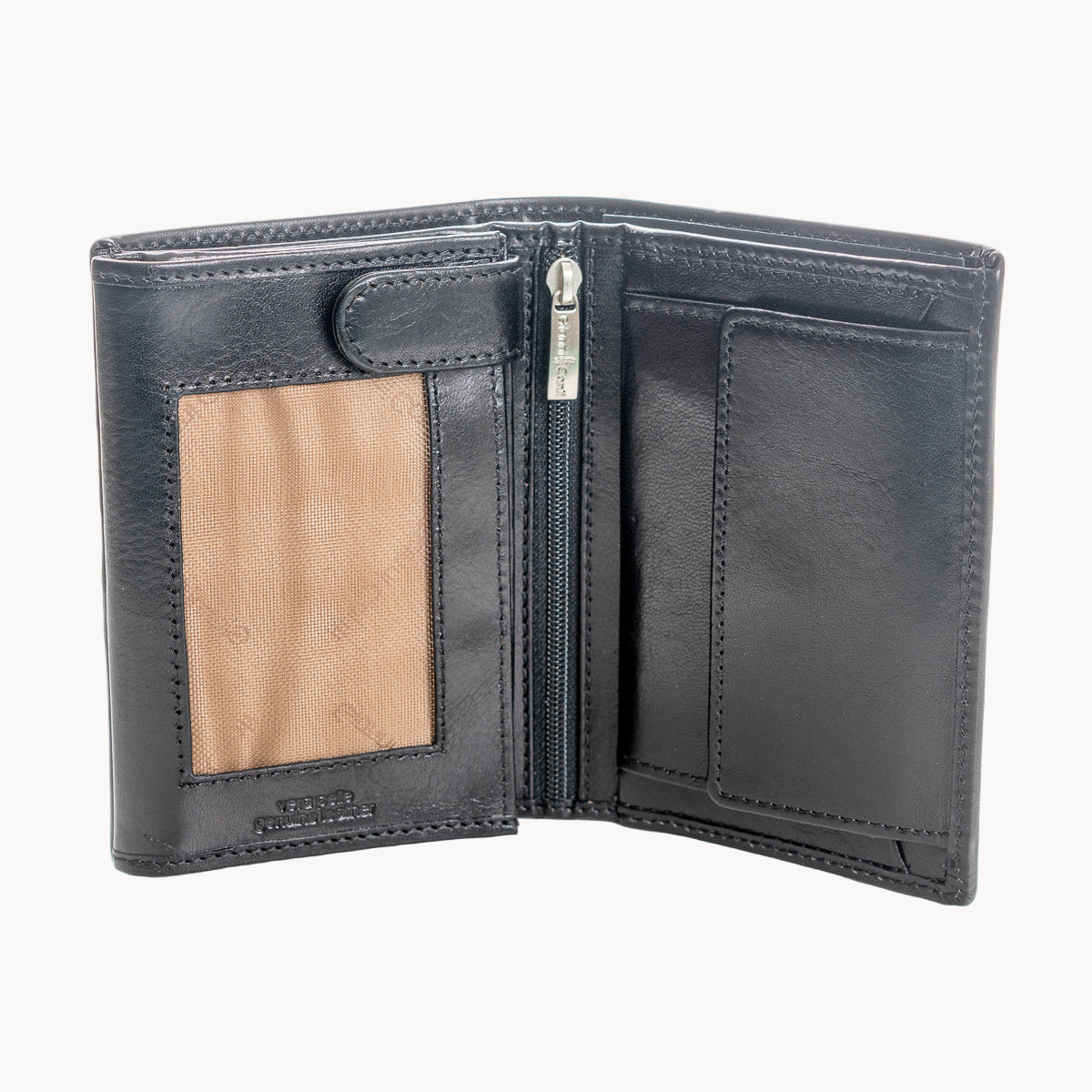 Black leather wallet open on a white background