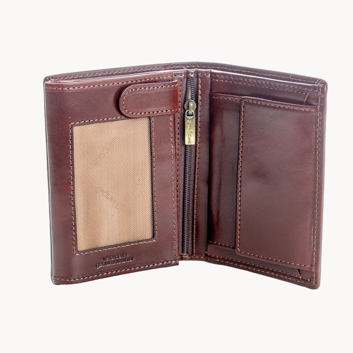 Brown leather wallet with a gold zipper on a white background