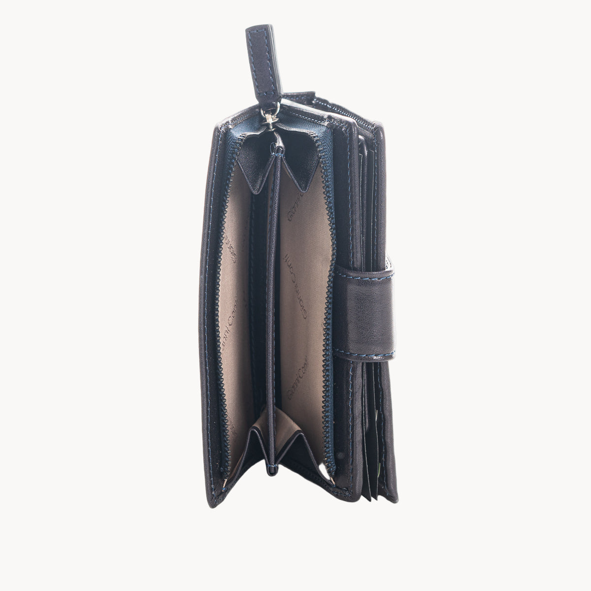 Navy leather wallet on a white background