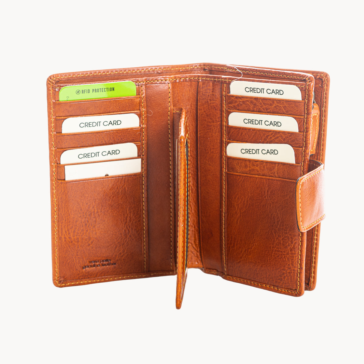 Tan leather wallet with card slots on a white background