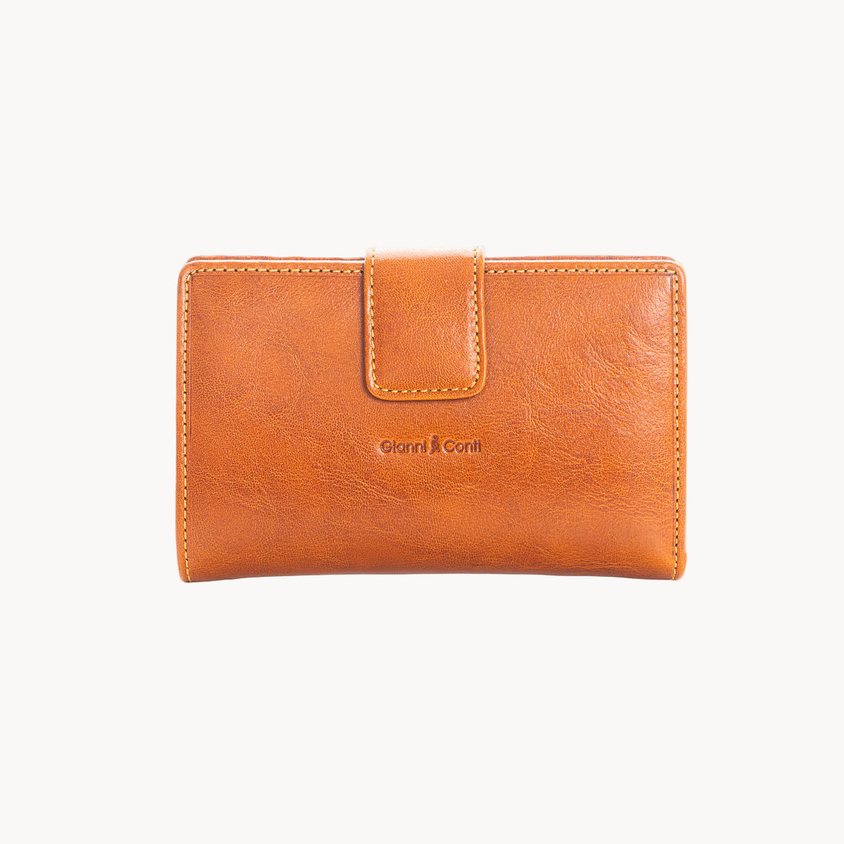 Tan leather wallet with a visible brand logo on a white background