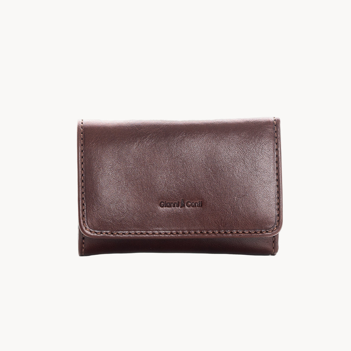 Brown leather wallet with brand name on a white background