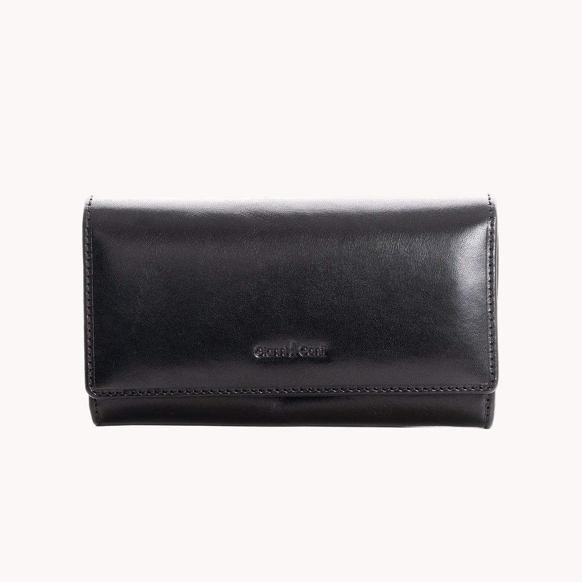 Black leather wallet with a brand logo on a white background