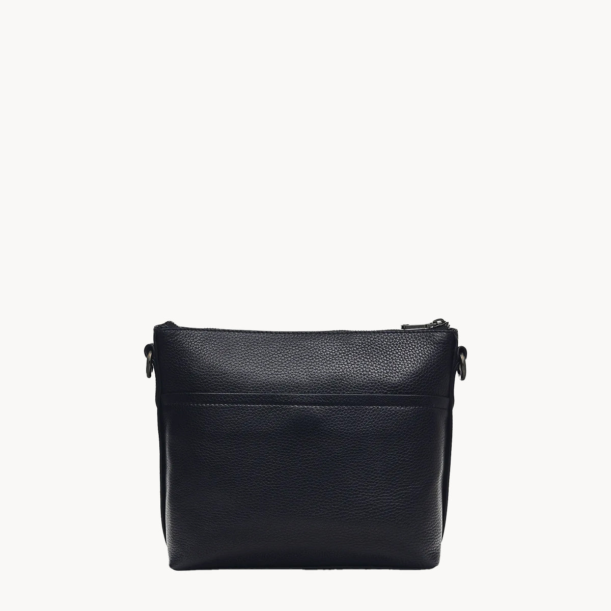 Black leather crossbody bag on a white background